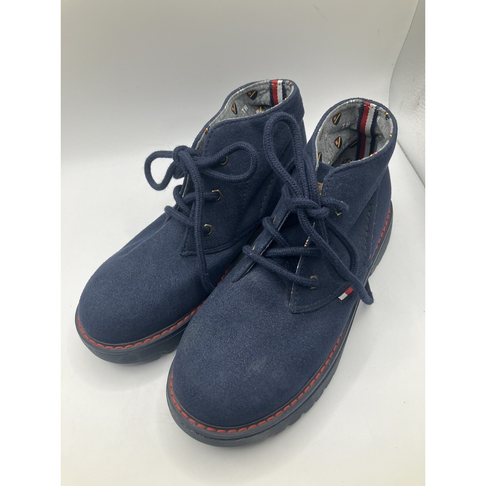 Tommy Hilfiger Boys Blue Suede Red Top stitch Lace Up Chukka Boots Shoes SZ 1 -M